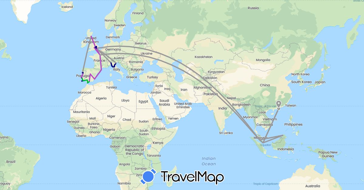 TravelMap itinerary: driving, bus, plane, train in China, Spain, France, United Kingdom, Gibraltar, Italy, Malaysia, Portugal, Singapore (Asia, Europe)